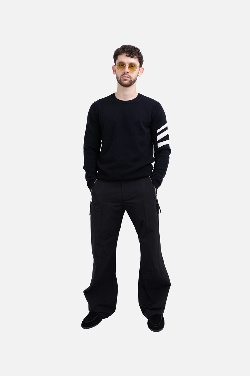 Zadig&Voltaire men sweater in black, on-model full length, crewneck knit with contrast sleeve arrows