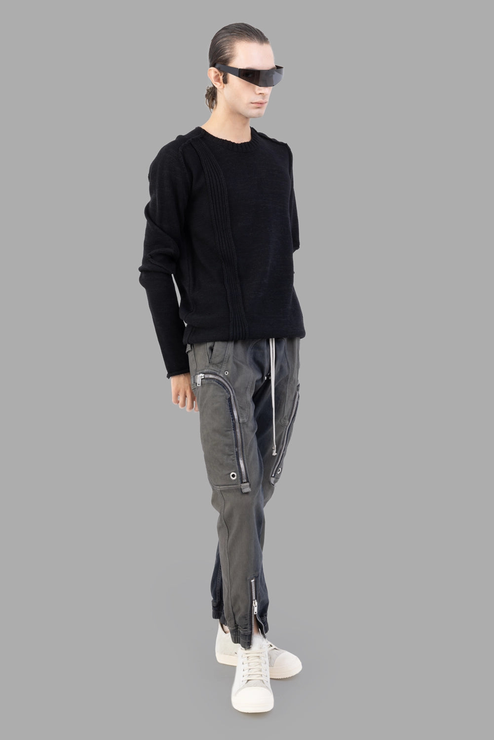 Masnada black sweater, on-model full length, patch-knit front panel and relaxed fit
