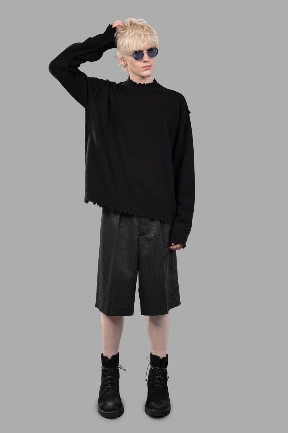 UMA WANG sweater in black, on-model full length, frayed neckline and hem