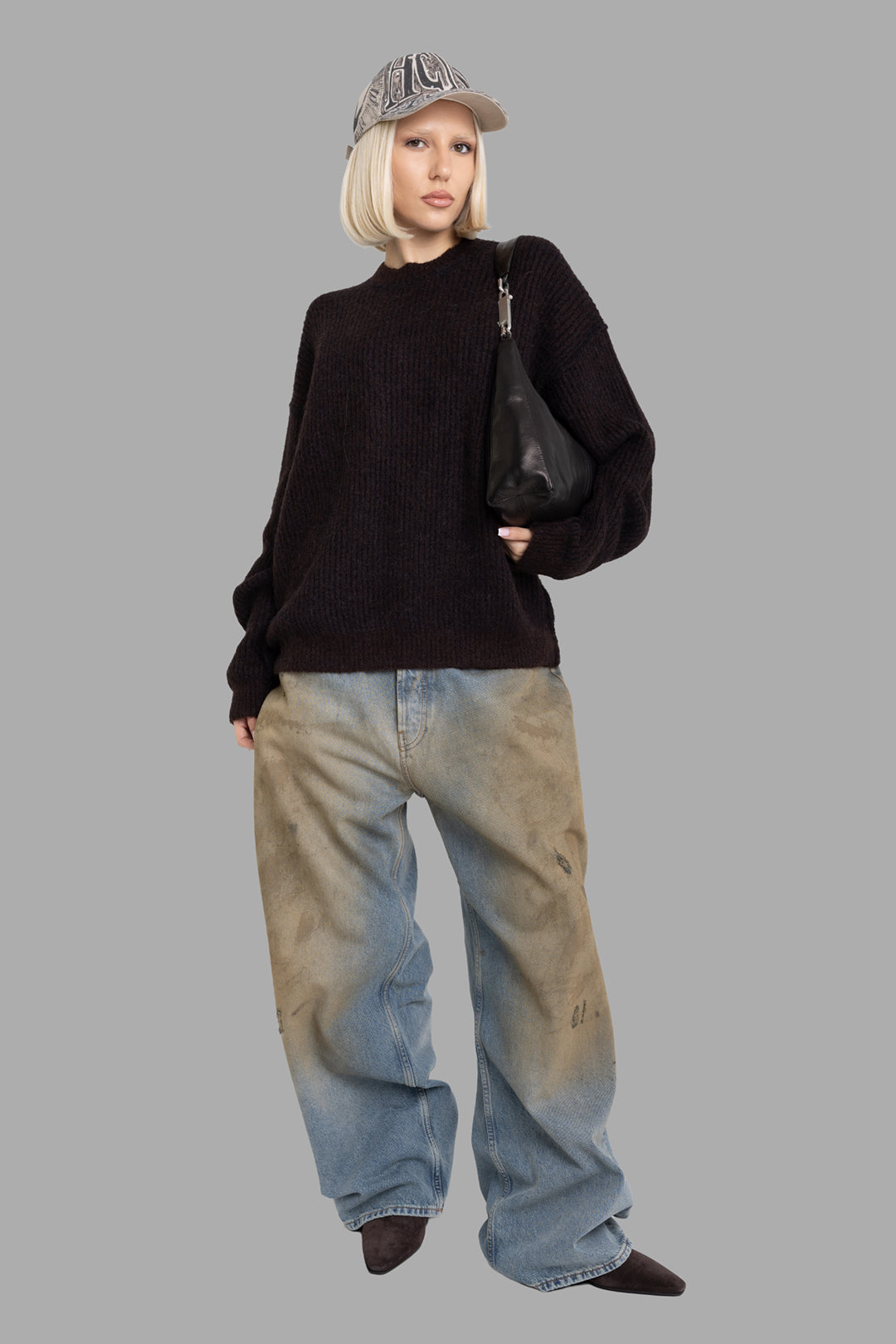 Uma Wang women's brown and black striped wool sweater, on-model full length, relaxed oversized fit and ribbed texture