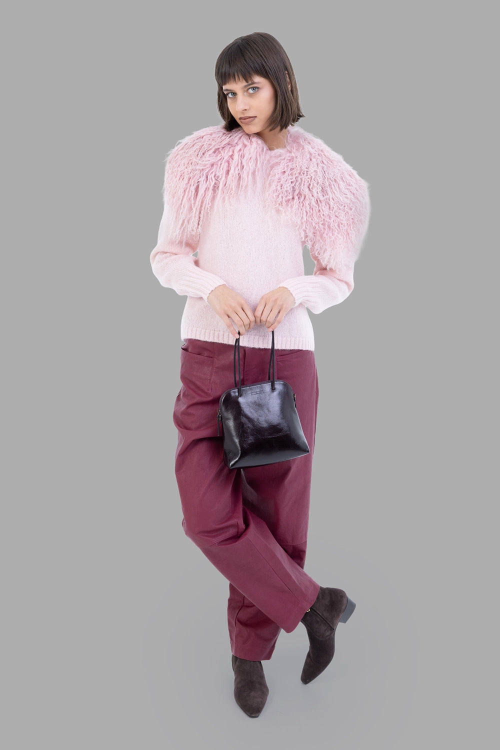 By Malene Birger women sweater in Chalk Pink, on-model full length, crew neck and ribbed cuffs.
