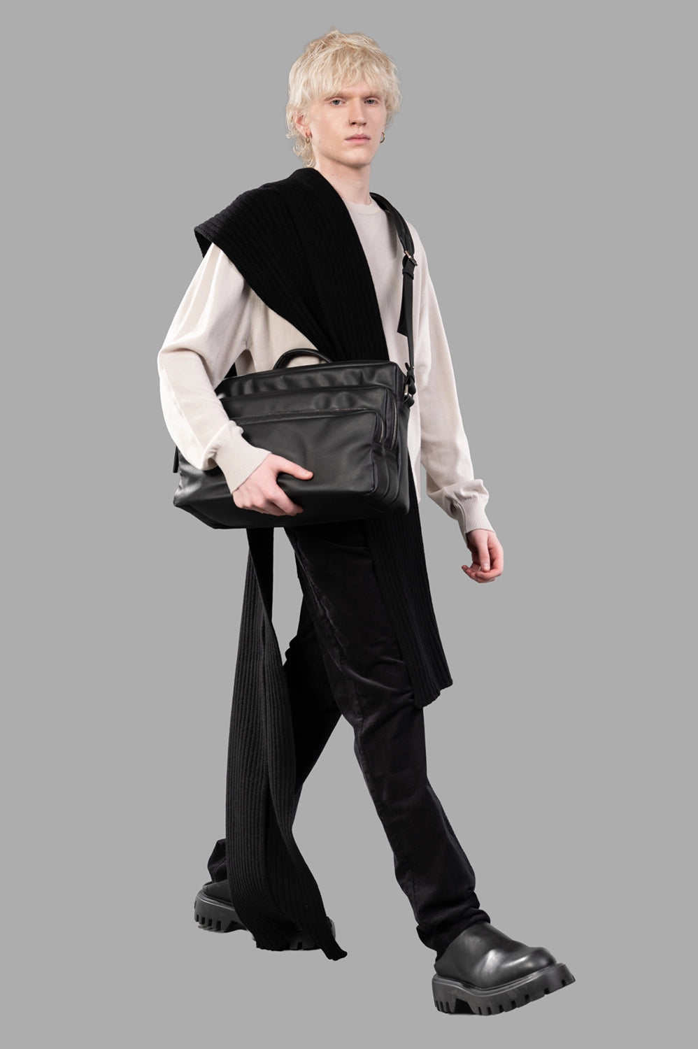 Vivienne Westwood sweater in dusty white, on-model full length, embroidered Orb logo and ribbed hem