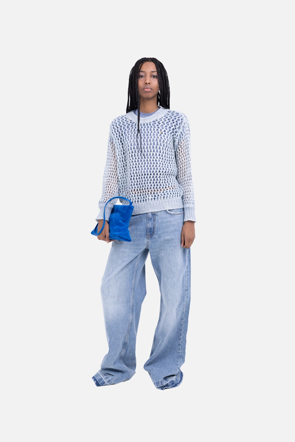Avant Toi women’s sweater in light blue, on-model full length, sheer open-knit texture over a tonal layer