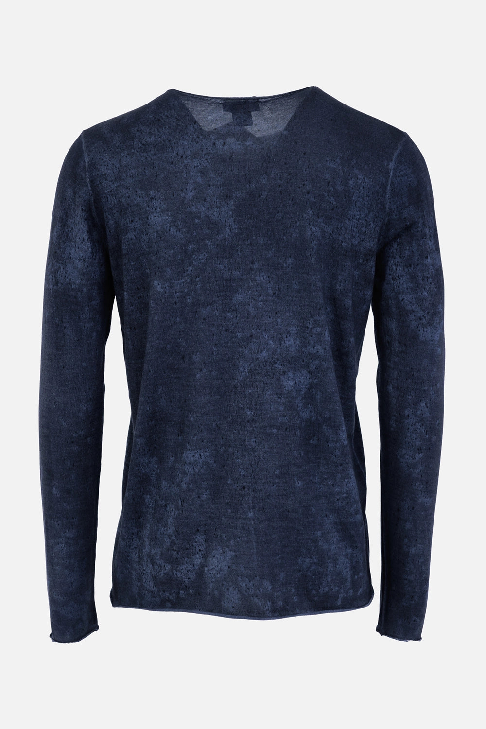 Avant Toi men's navy sweater, back view with fine knit texture and rolled-edge hem