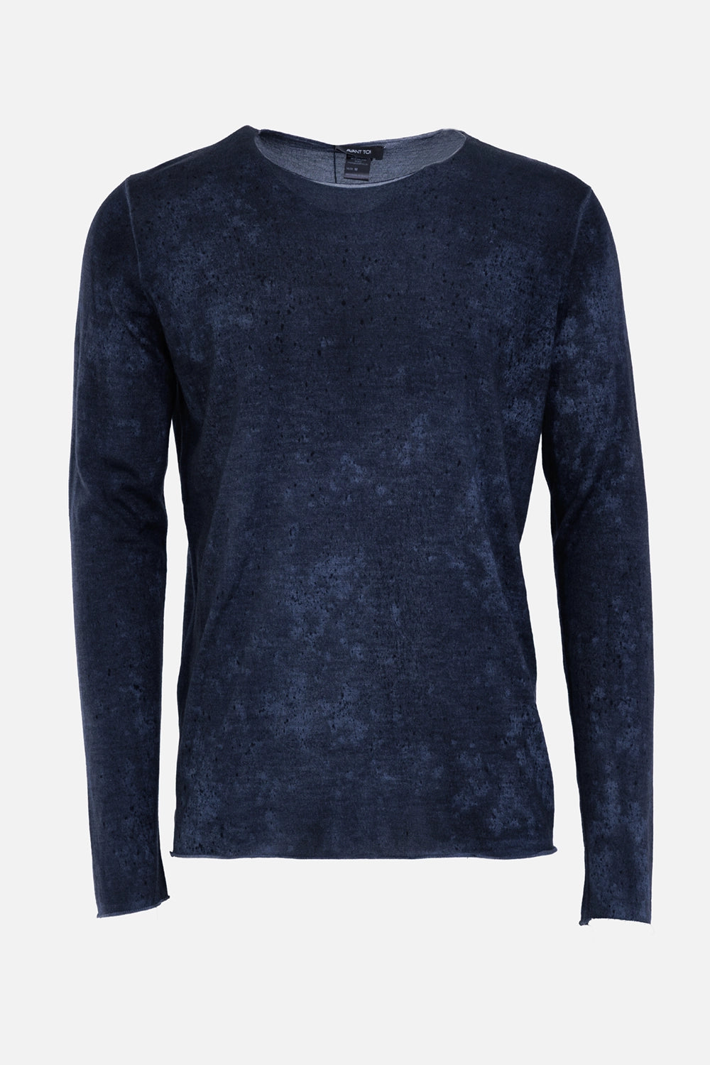 Avant Toi men's navy sweater, front view with tonal mottled finish and rolled edges
