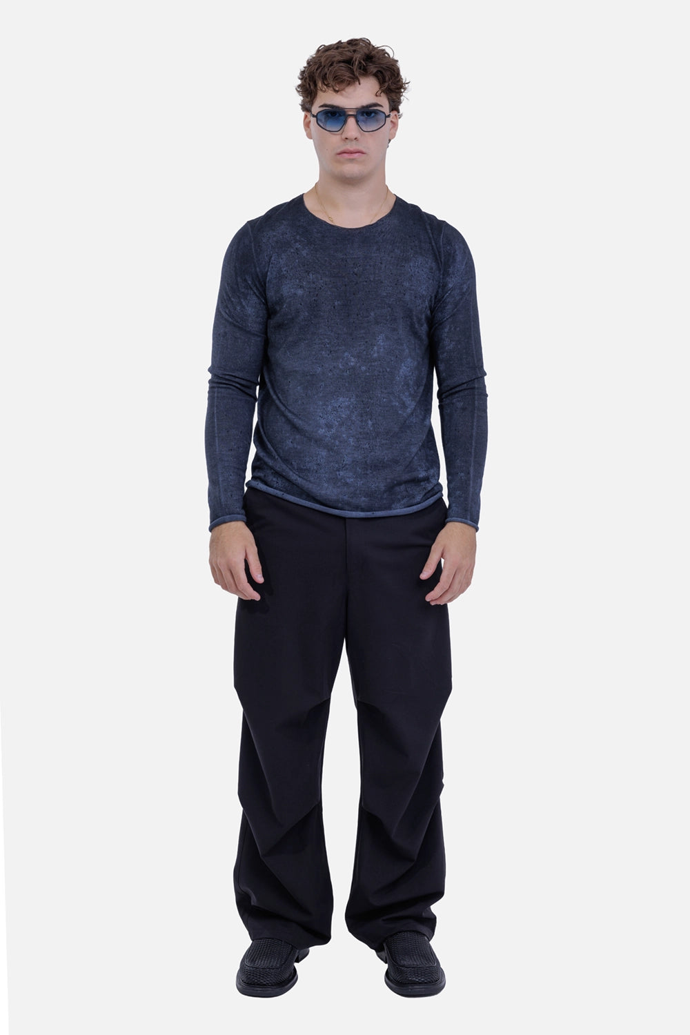 Avant Toi men's navy sweater, full-length model view with crew neck and slim long sleeves