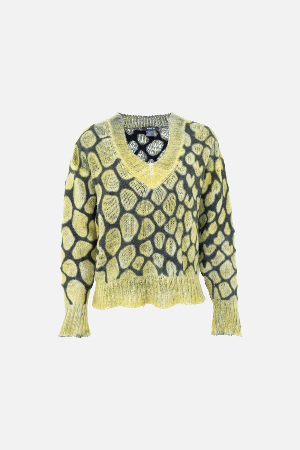 Pre-owned Avant Toi women’s sweater in olive, front view, deep V-neck and abstract pebble pattern
