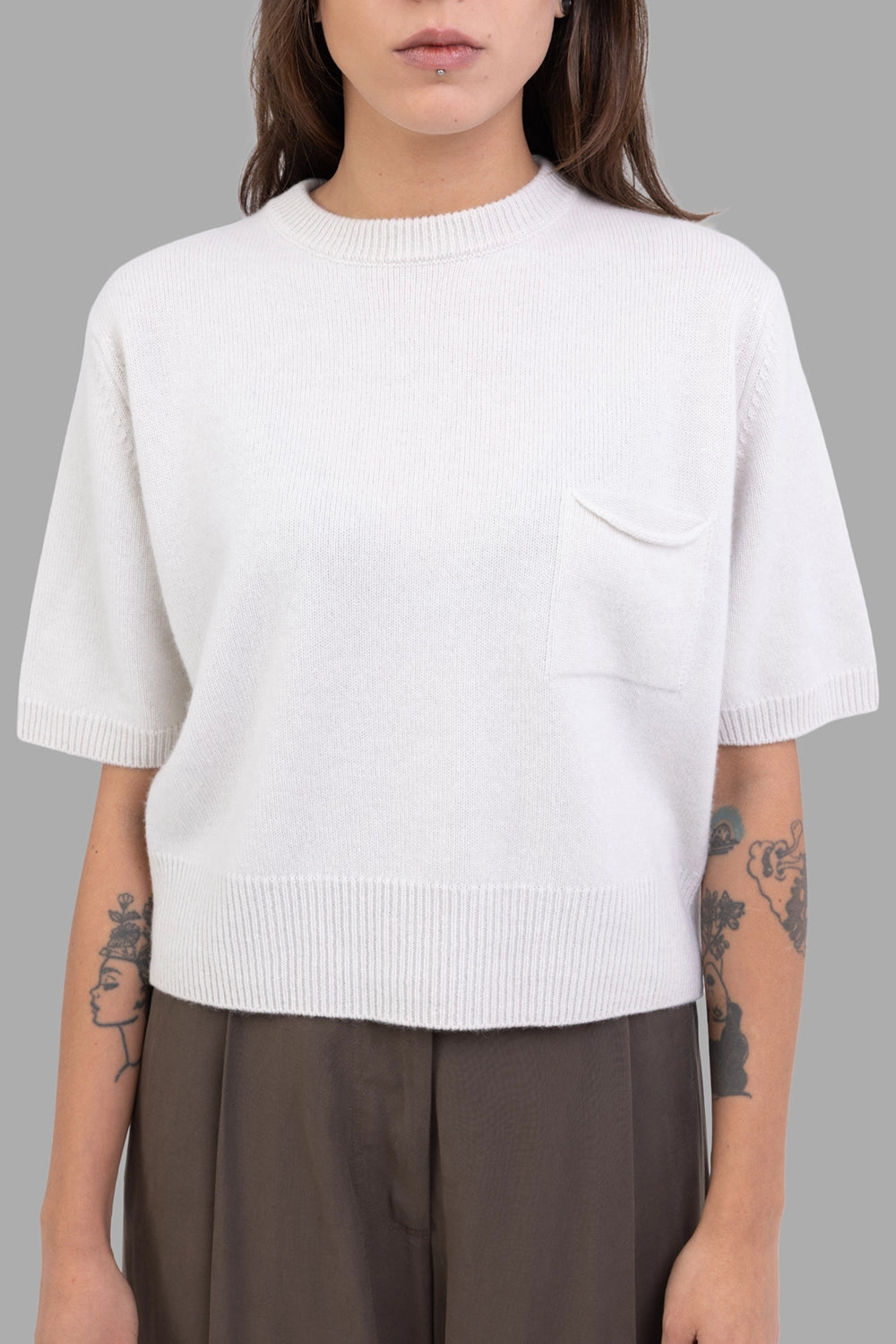 Gentry Portofino women knit top in Stucco, front view, chest pocket and crew neck.