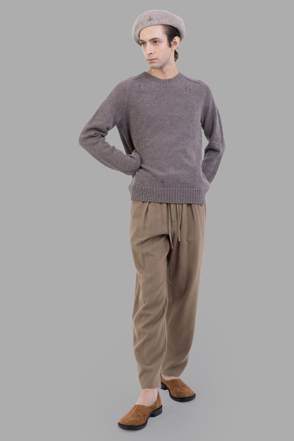 Zadig & Voltaire sweater in taupe, on-model full length, relaxed fit and raglan sleeves