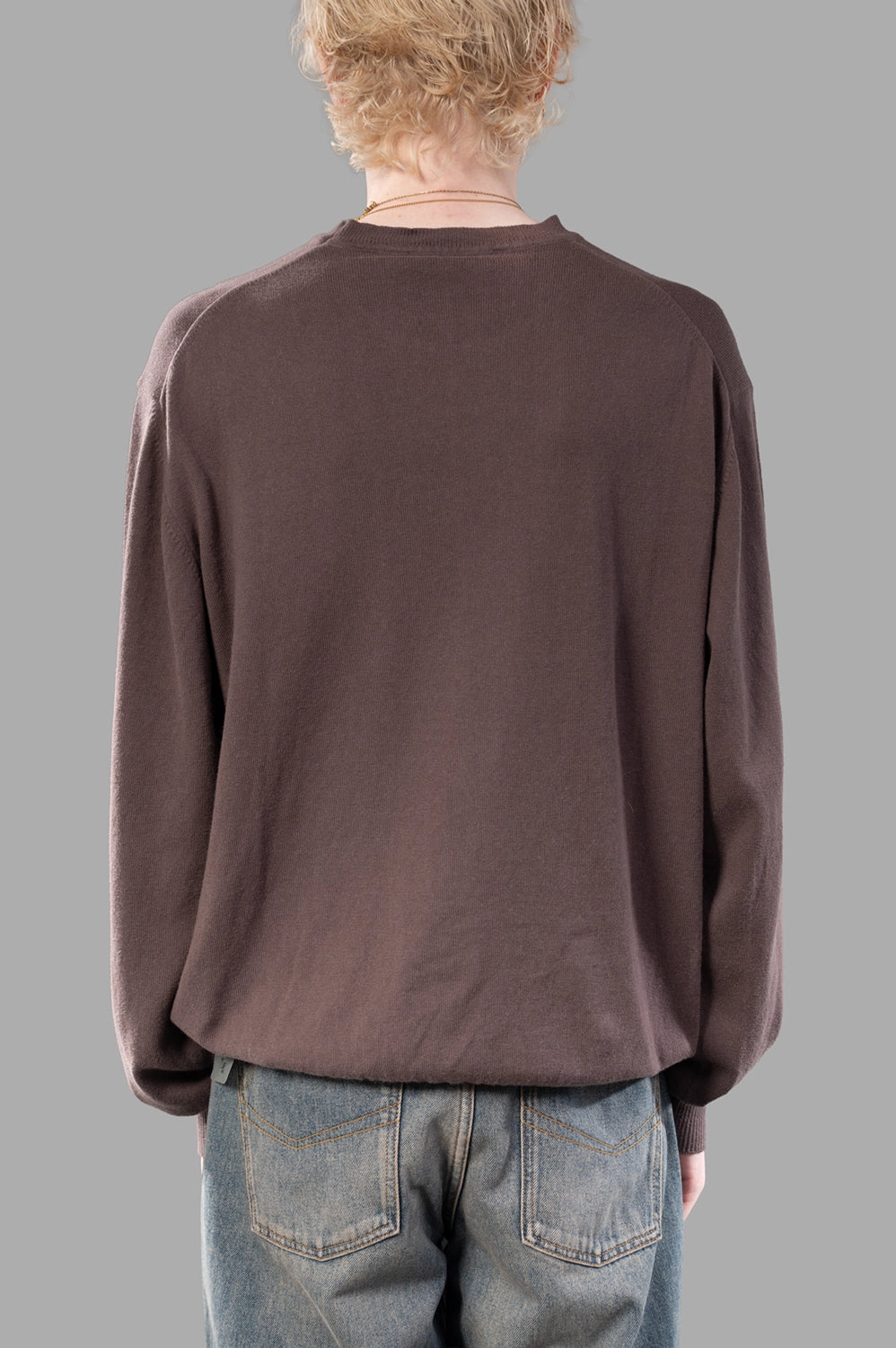 Vivienne Westwood sweater in truffle, back view, clean back and ribbed hem
