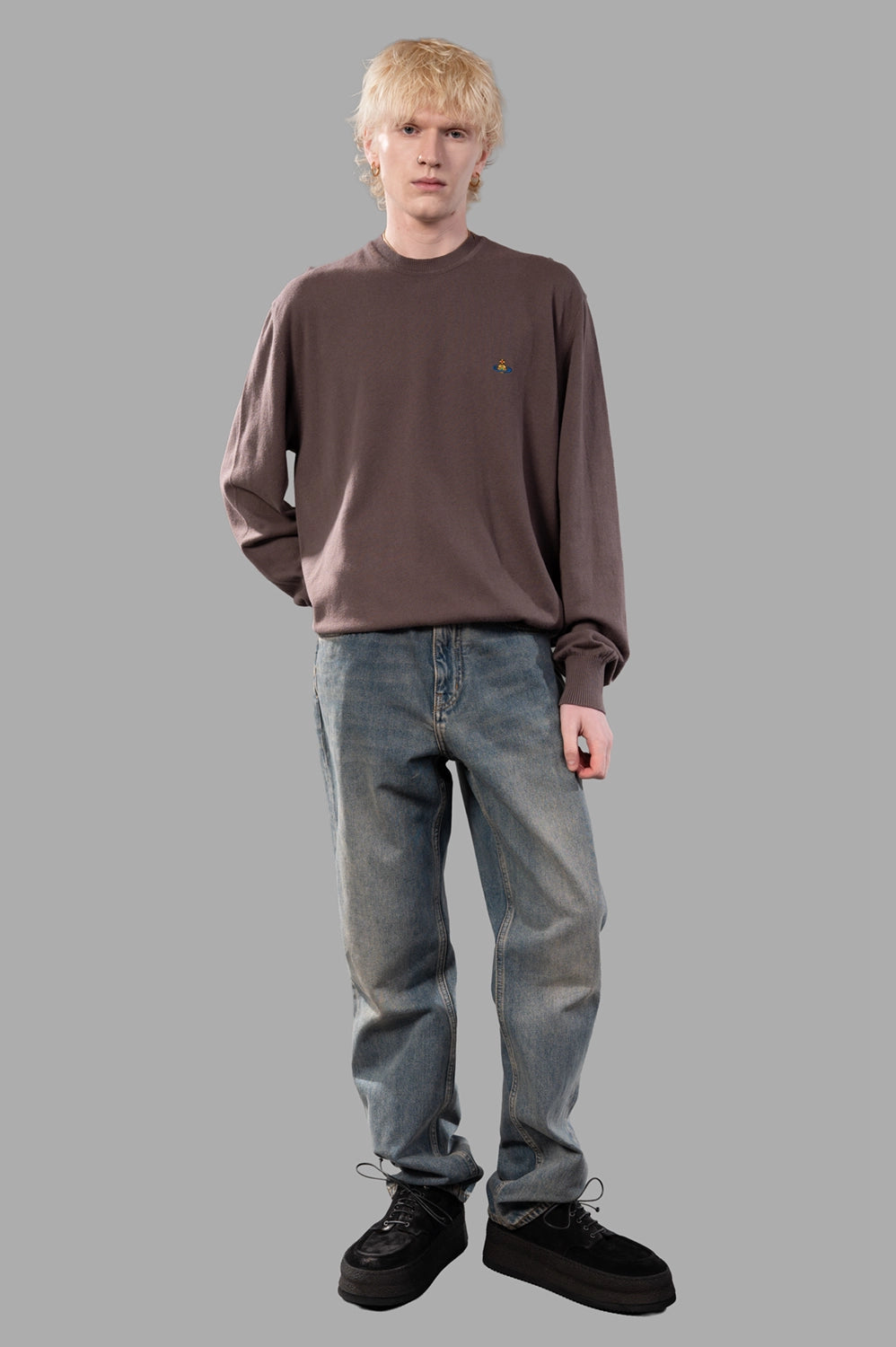 Vivienne Westwood sweater in truffle, on-model full length, embroidered Orb at chest