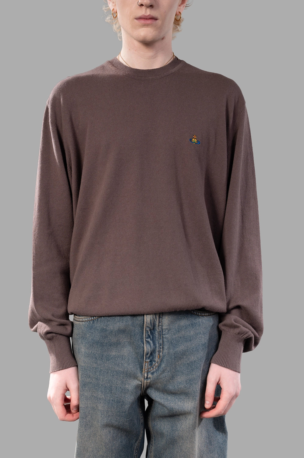 Vivienne Westwood sweater in truffle, on-model half length, ribbed cuffs and fine knit