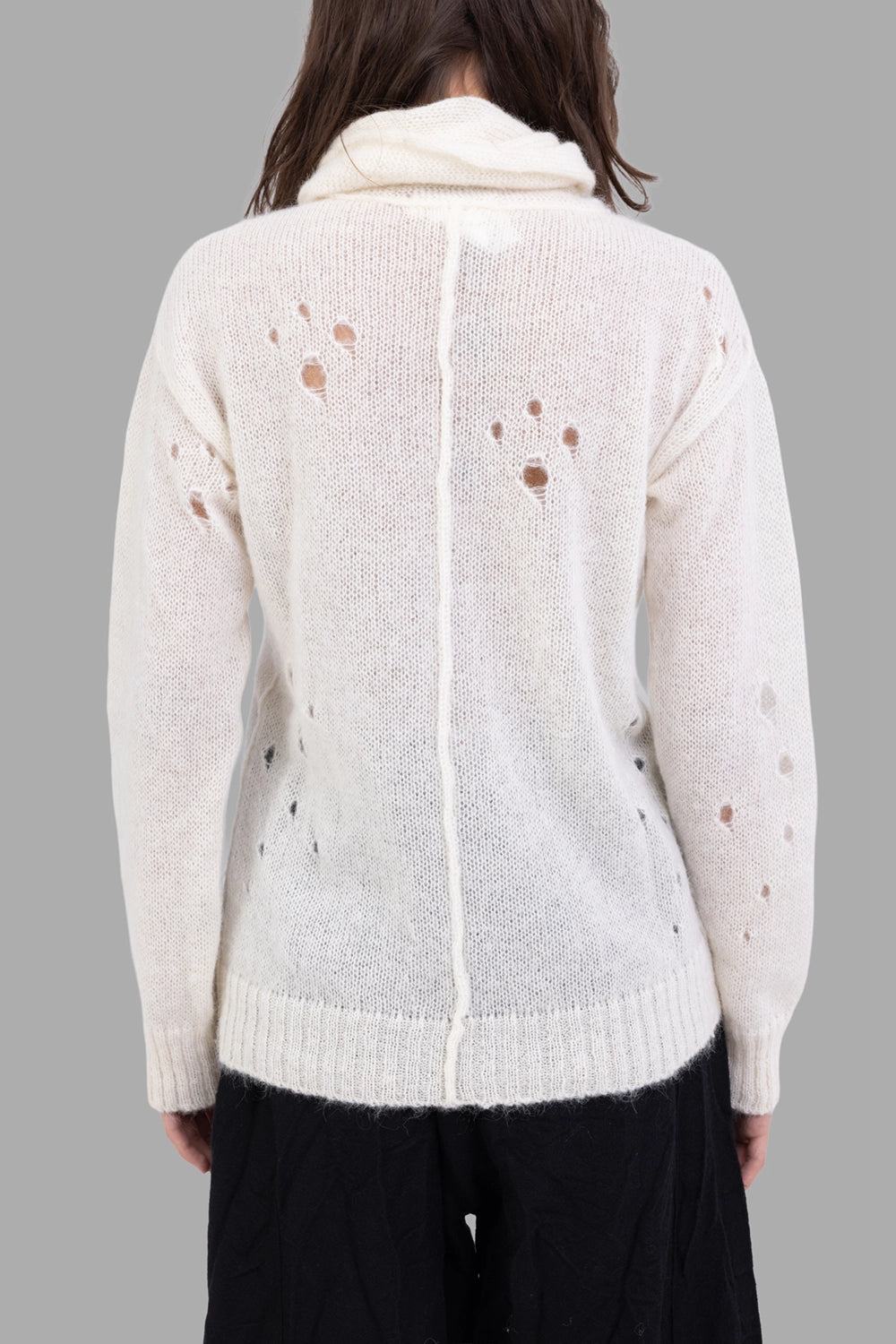 Marc Point women's sweater in white, back view, center seam, ribbed hem and subtle distressed holes