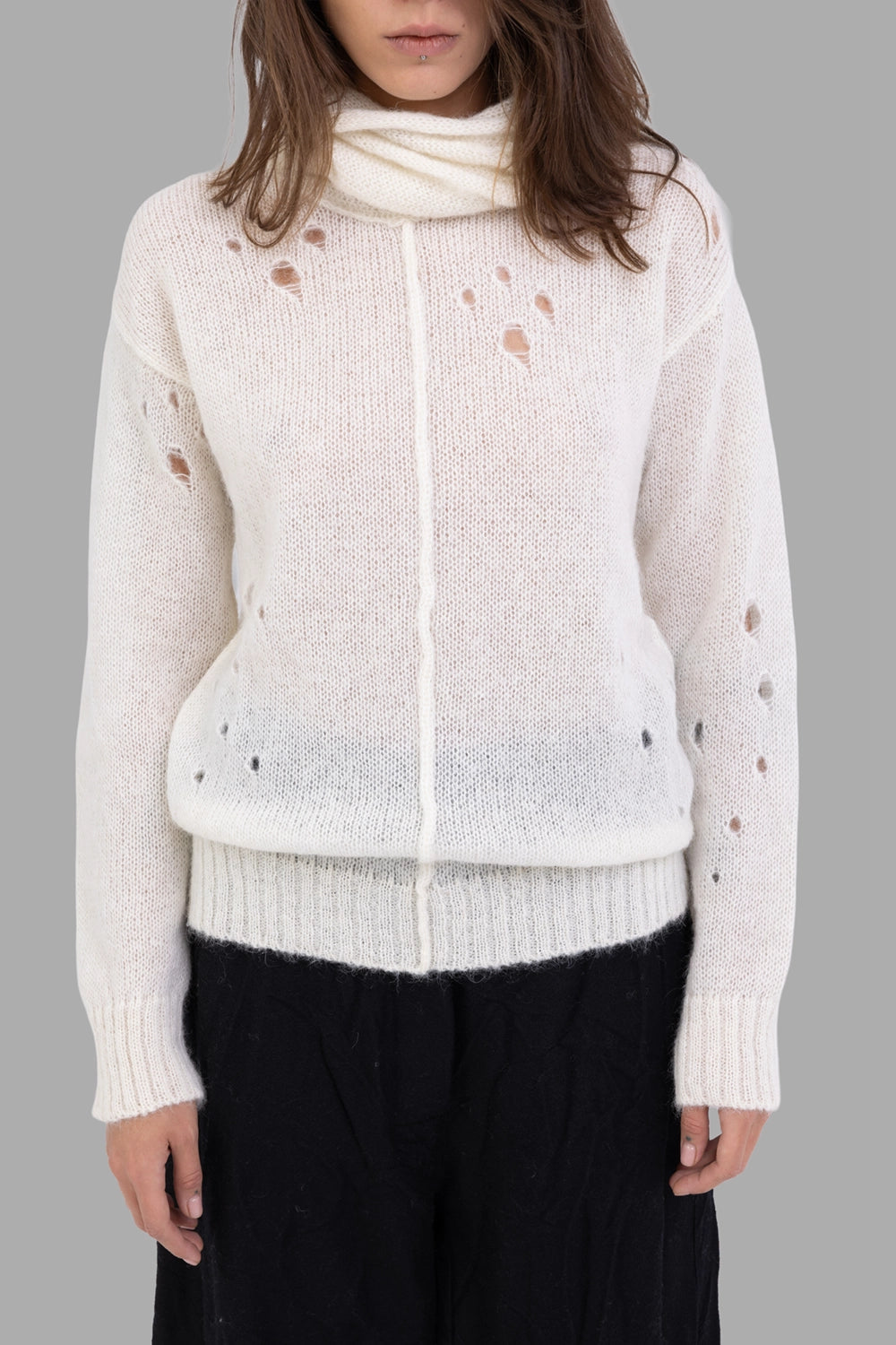 Marc Point women's sweater in white, front view, center seam with ribbed hem and cuffs, scattered distressing