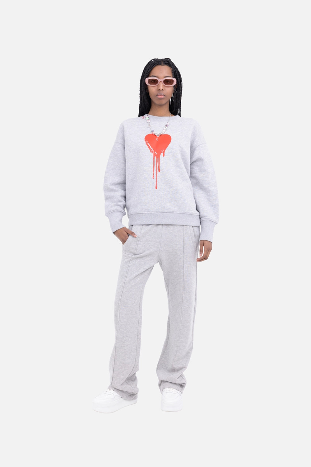 Zadig&Voltaire women sweatshirt in gris chine clai, on-model full length, red dripping heart front print