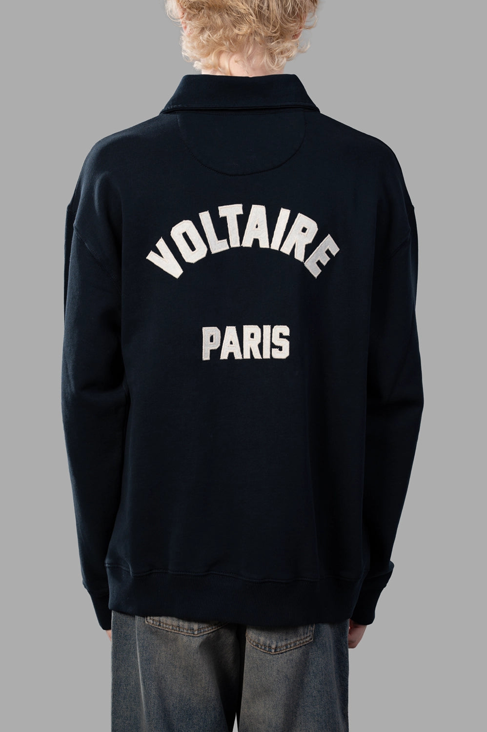 Zadig & Voltaire sweatshirt in Ink, back view, arched VOLTAIRE PARIS print, ribbed hem and cuffs