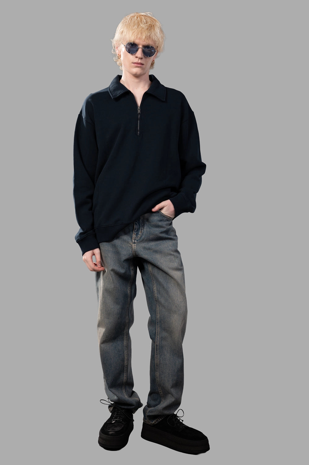 Zadig & Voltaire sweatshirt in Ink, on-model full length, collared half-zip, relaxed fit, ribbed cuffs