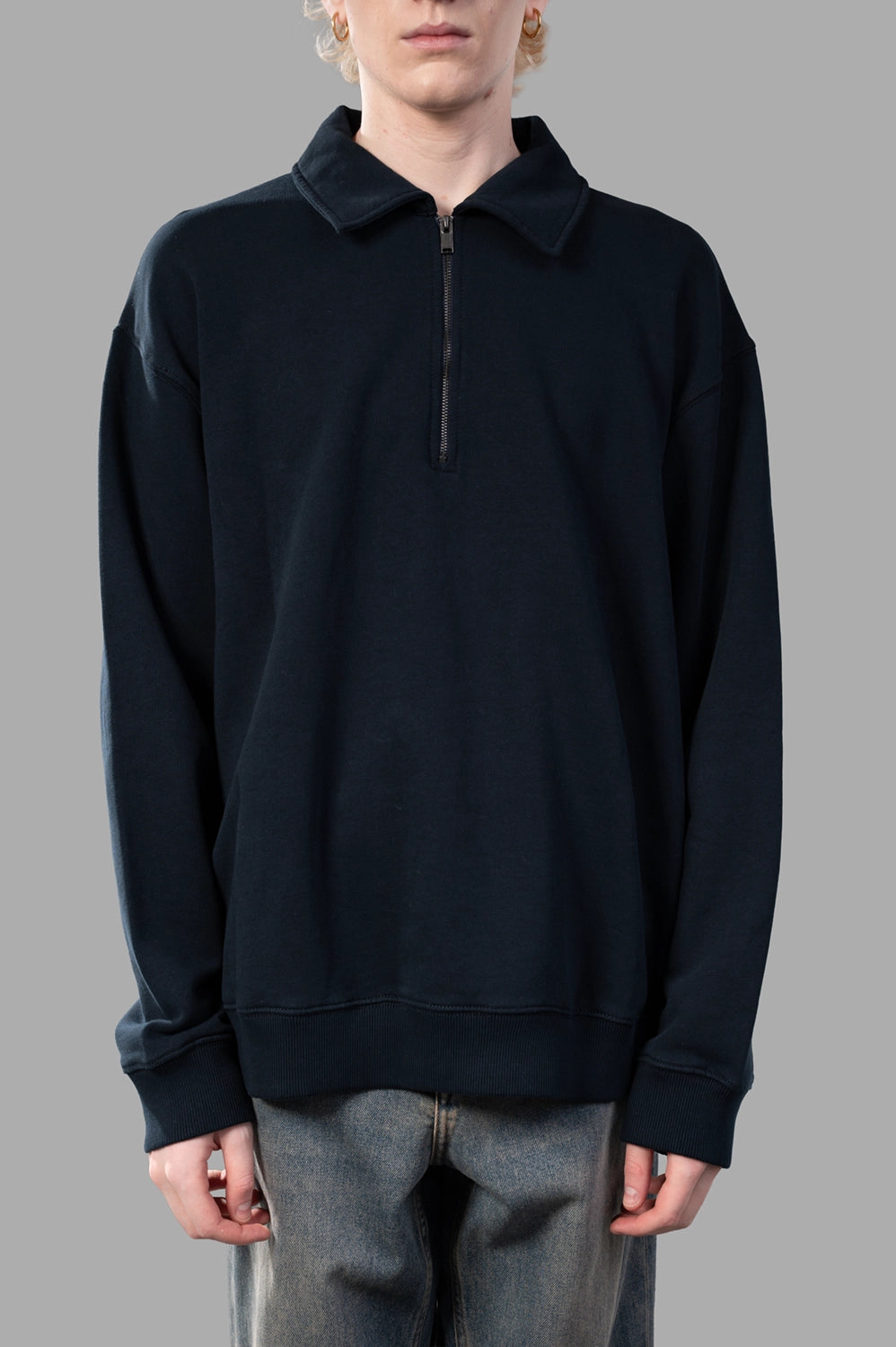 Zadig & Voltaire sweatshirt in Ink, on-model half length, quarter-zip front, spread collar, ribbed hem