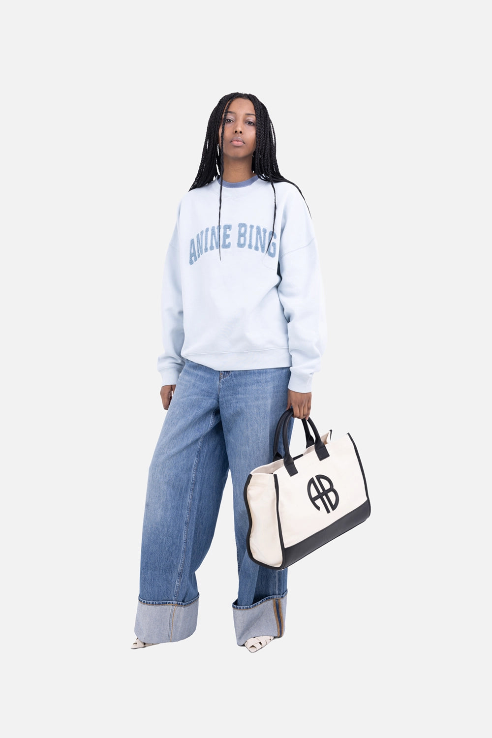 ANINE BING womens sweatshirt in pale blue, on-model full length, chenille logo lettering at chest