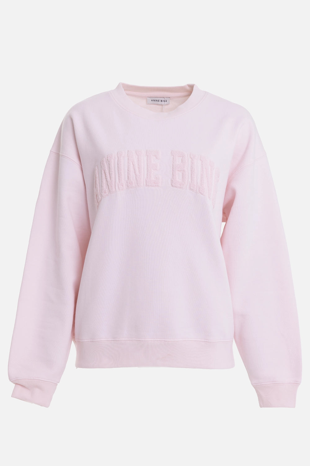 ANINE BING women's sweatshirt in powder pink, front view, tonal chest logo appliqué and ribbed cuffs