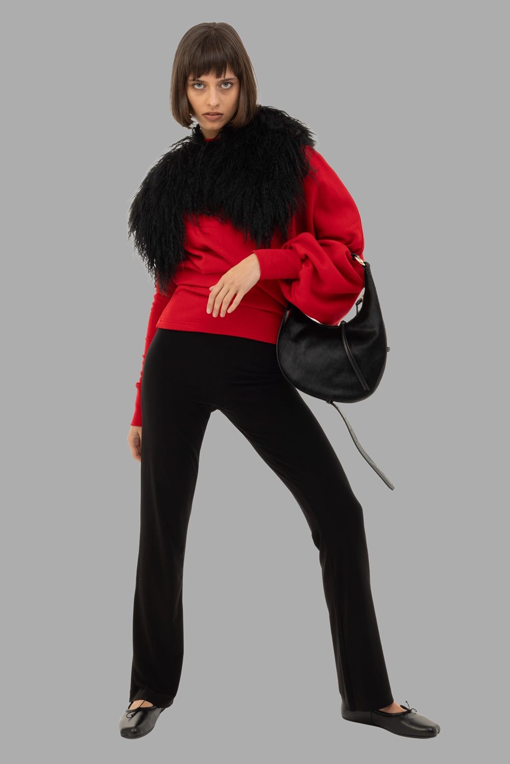 A.W.A.K.E. MODE women's sweatshirt in red, on-model full length, slouched balloon sleeve and mock neck