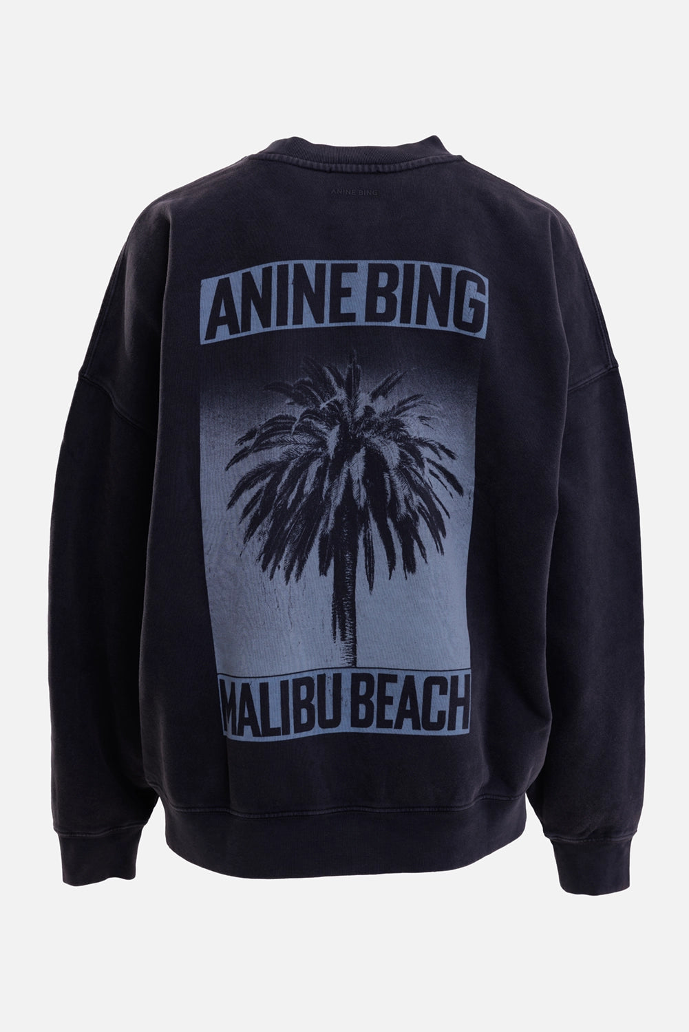 Anine Bing women's sweatshirt in washed black, back view with large palm tree and Malibu Beach graphic