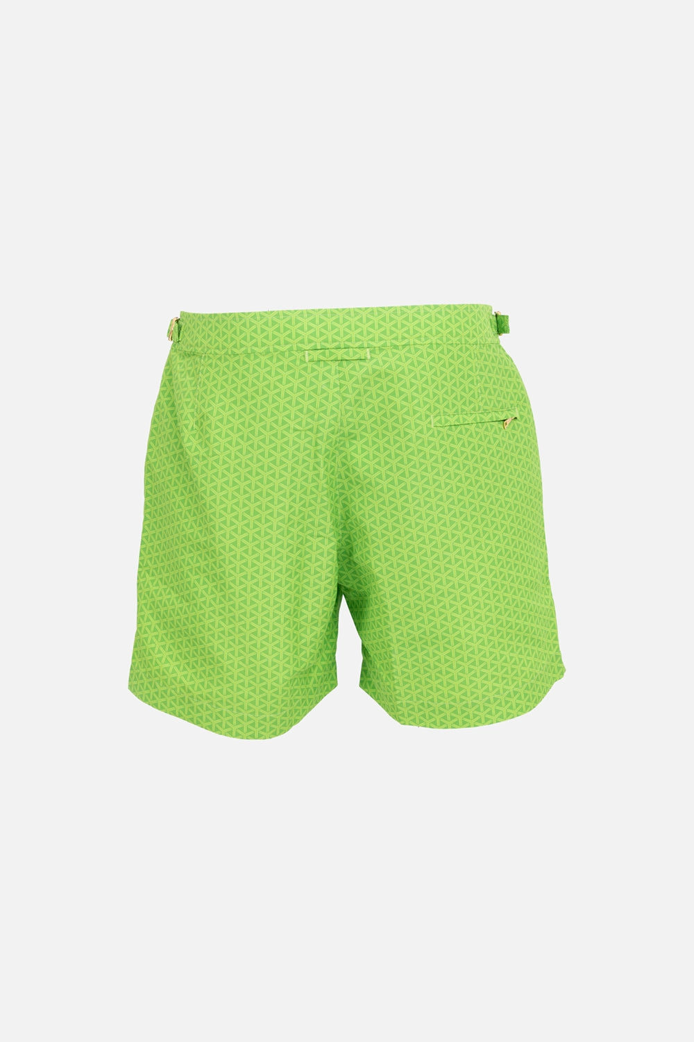 Orlebar Brown men’s swim shorts in Verde Mantis, back view, reticolo print with welt back pocket