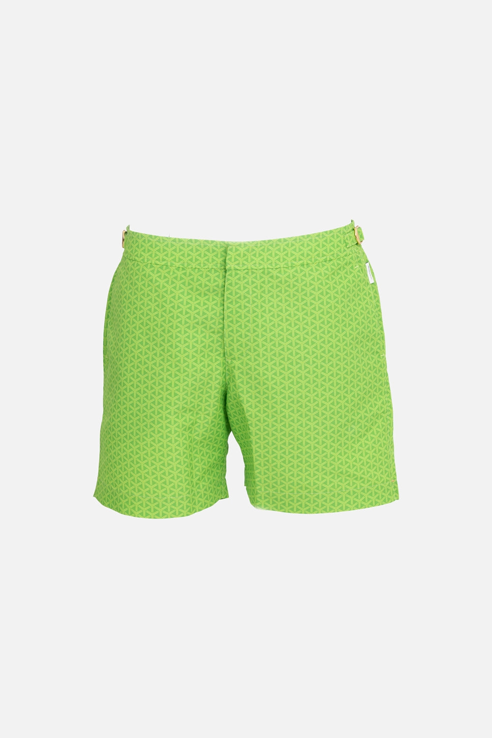 Orlebar Brown men’s swim shorts in Verde Mantis, front view, reticolo print with clean snap-and-zip front