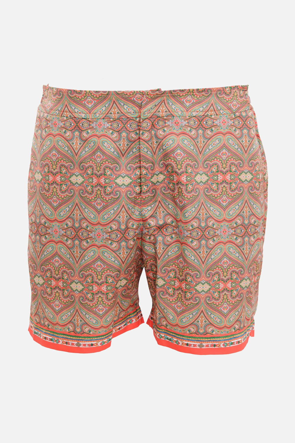 Orlebar Brown men's swim shorts in Vermillion, front view with paisley print and red border hem