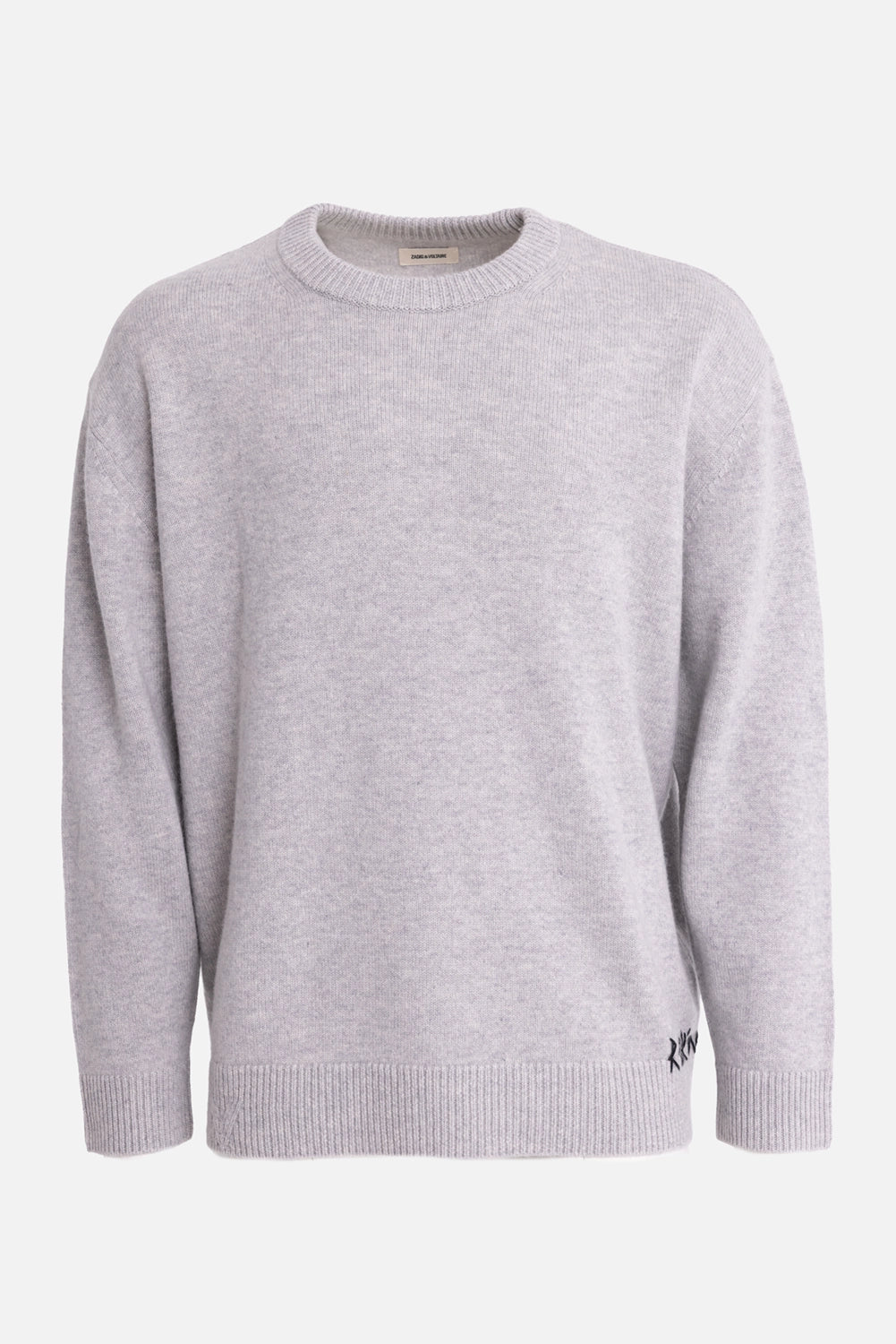 Zadig&Voltaire men's sweater in light heather grey, front view with ribbed crew neck and black hem lettering