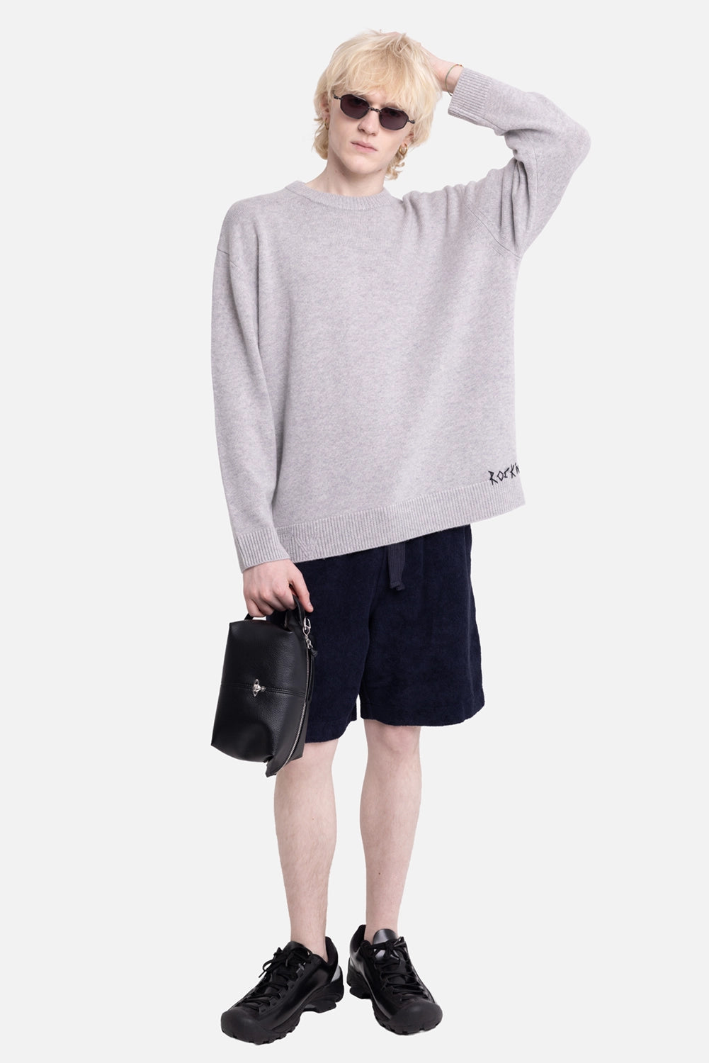 Zadig&Voltaire men's sweater in light heather grey, on-model full-length with dropped shoulders and ribbed cuffs