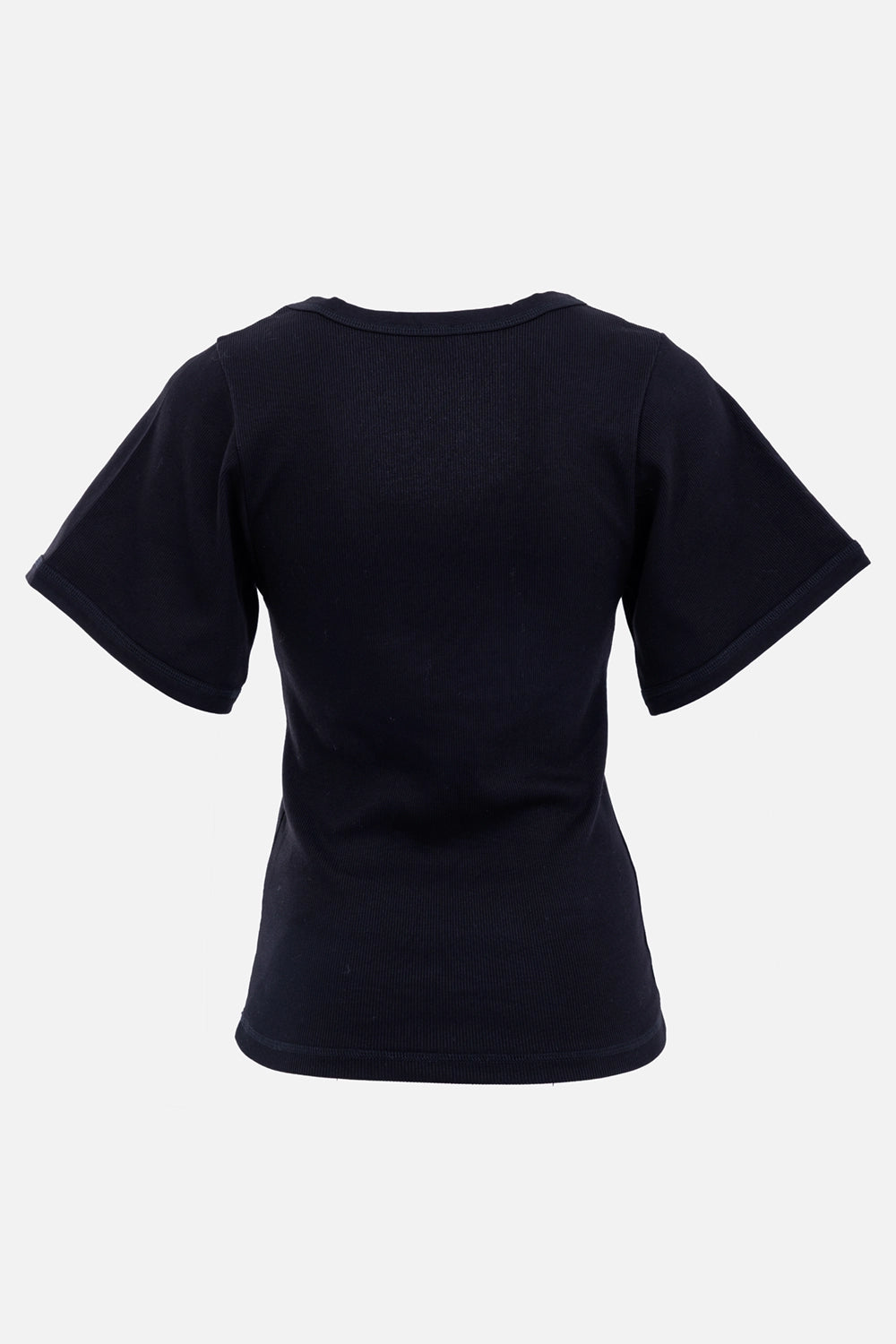 By Malene Birger women's black Lunai T-shirt, back view with fitted ribbed body and wide short sleeves