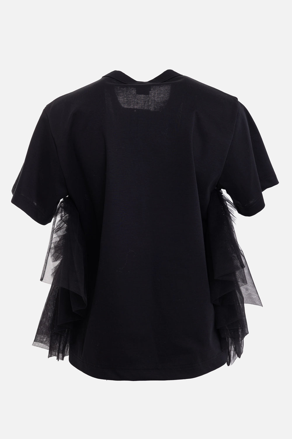 noir kei ninomiya women's t-shirt in black, back view, plain cotton back with side tulle panels