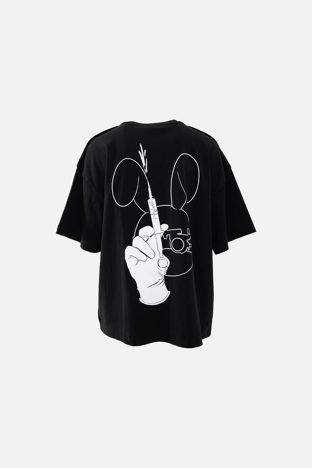 Natasha Zinko women's T-shirt in black, back view, large bunny and syringe graphic print