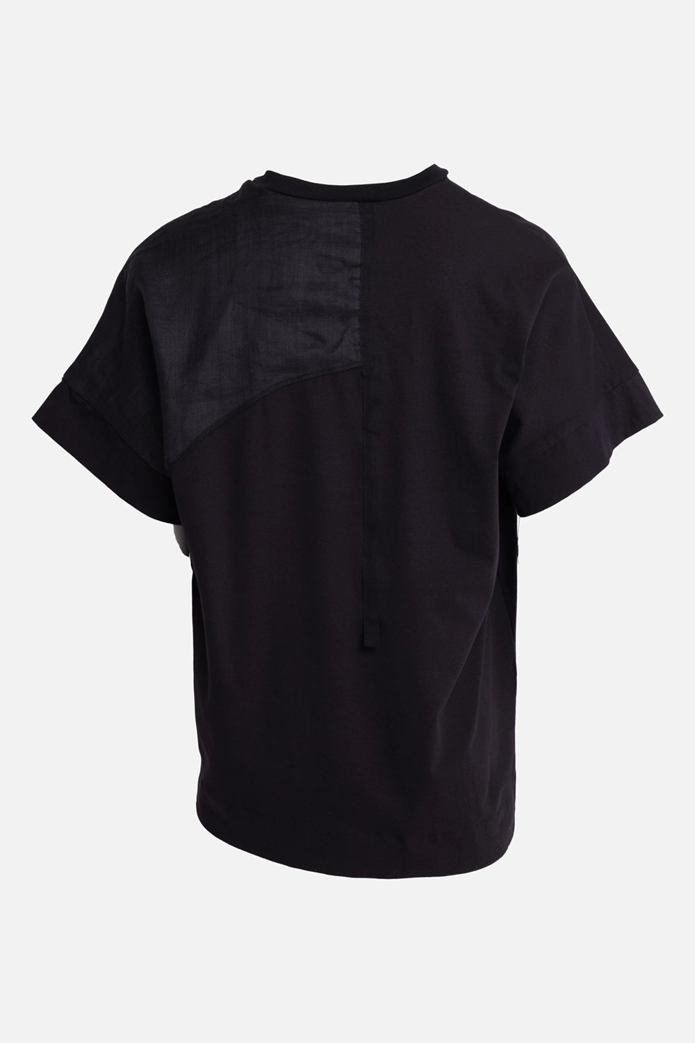 Giovanni Cavagna men's T-shirt in black, back view, sheer shoulder panel and vertical fabric tab