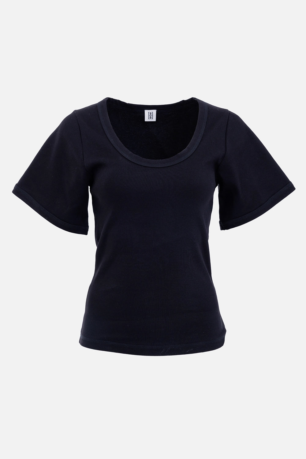 By Malene Birger women's black Lunai T-shirt, front view with fine rib texture and deep round neckline
