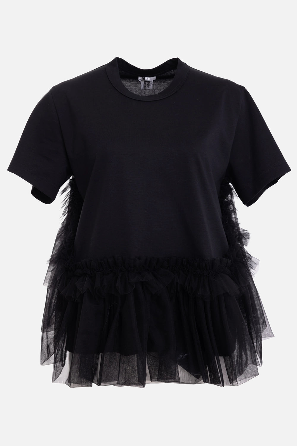 noir kei ninomiya women's t-shirt in black, front view, crew neck and layered tulle ruffle hem