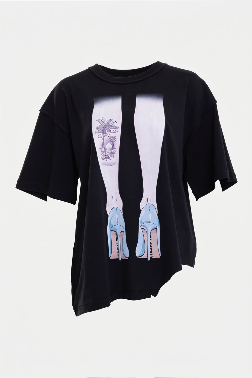 Natasha Zinko unisex T-shirt in black, front mannequin view, leg-and-blue-heel graphic and asymmetric hem