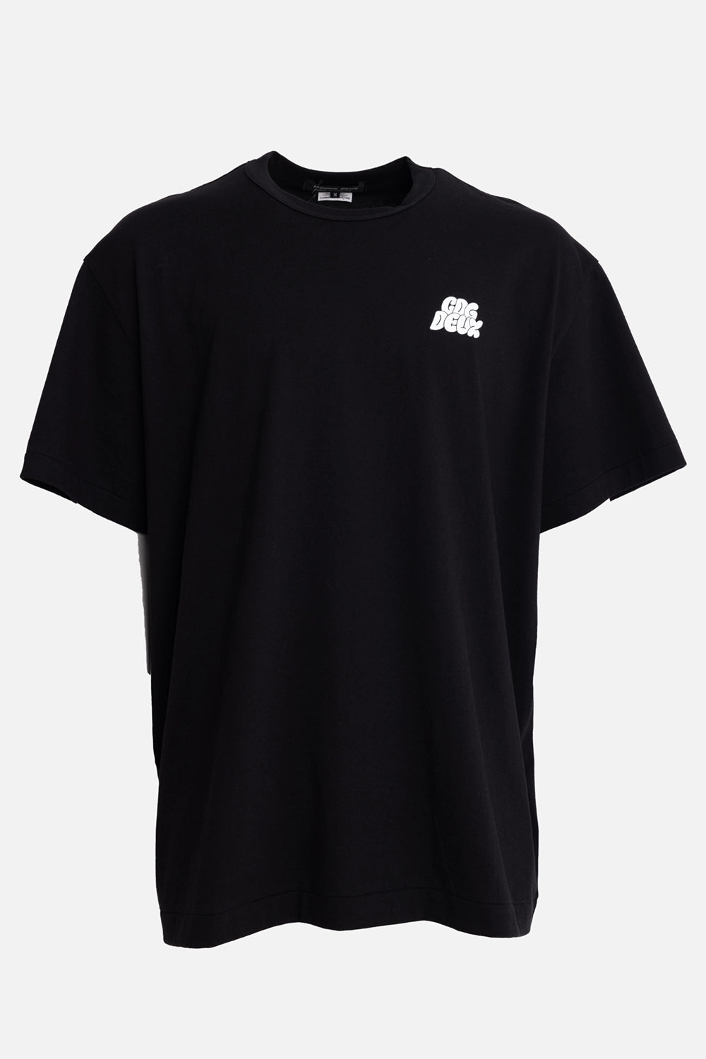 COMME des GARÇONS HOMME DEUX men's T-shirt in black, front view, small white chest logo and short sleeves