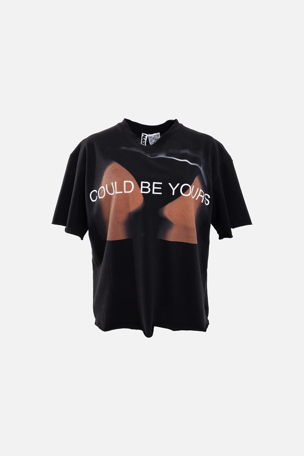 Natasha Zinko women's cotton T-shirt in black, front view, photo print with “Could Be Yours” slogan