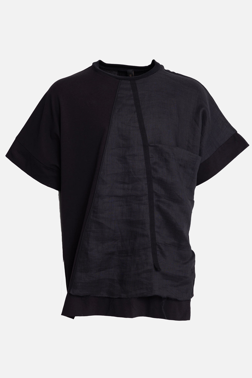 Giovanni Cavagna men's T-shirt in black, front view, mixed-fabric panels and chest patch detail