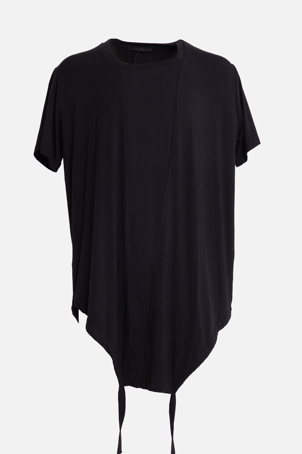La Haine Inside Us men's T-shirt in black, front view with geometric neckline and hanging hem straps