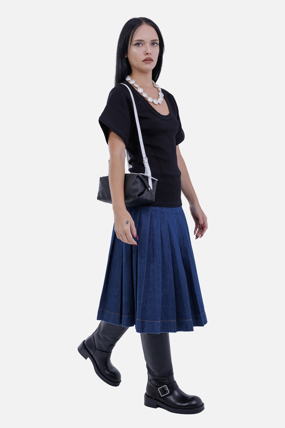 By Malene Birger women's black Lunai T-shirt, on-model view with deep round neck and wide sleeves
