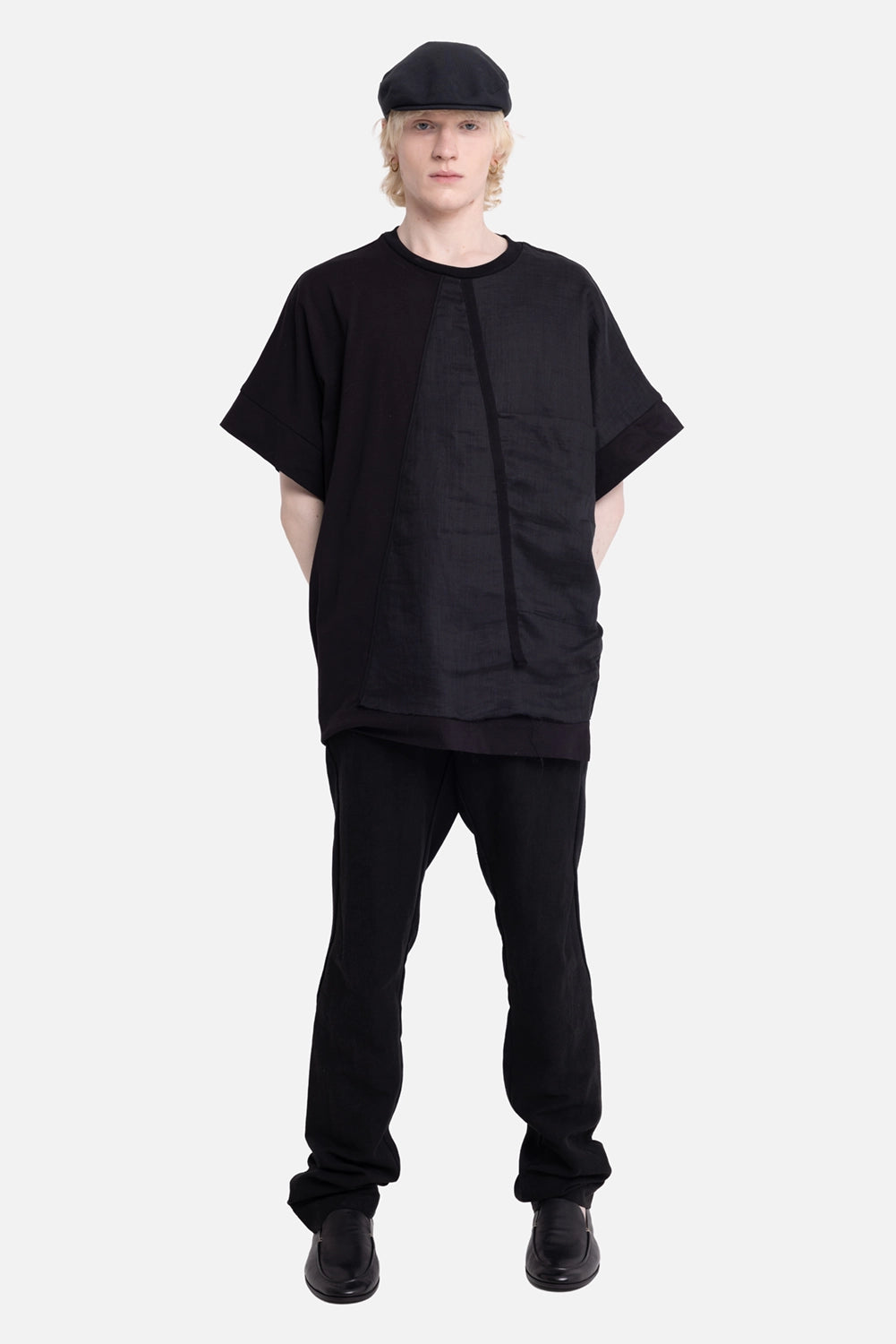 Giovanni Cavagna men's T-shirt in black, on-model full-length, sheer front panel and dropped sleeves