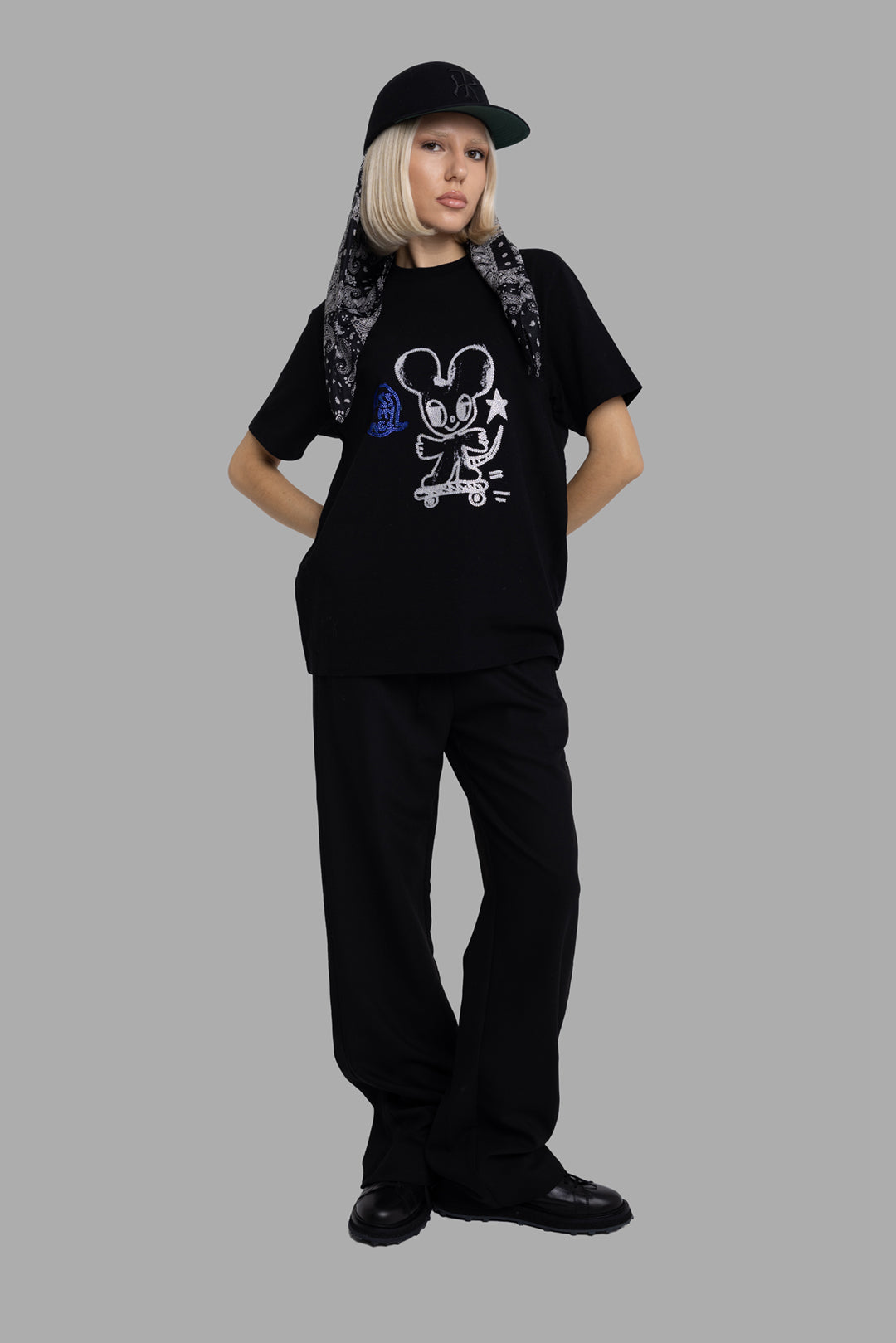 Zadig & Voltaire women's t-shirt in black, on-model full-length front view, rhinestone mouse skateboard graphic.