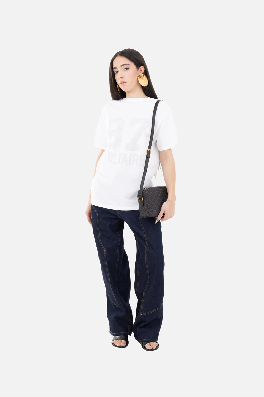 Zadig&Voltaire women's T-shirt in blanc, on-model full length, tonal 97 Voltaire graphic