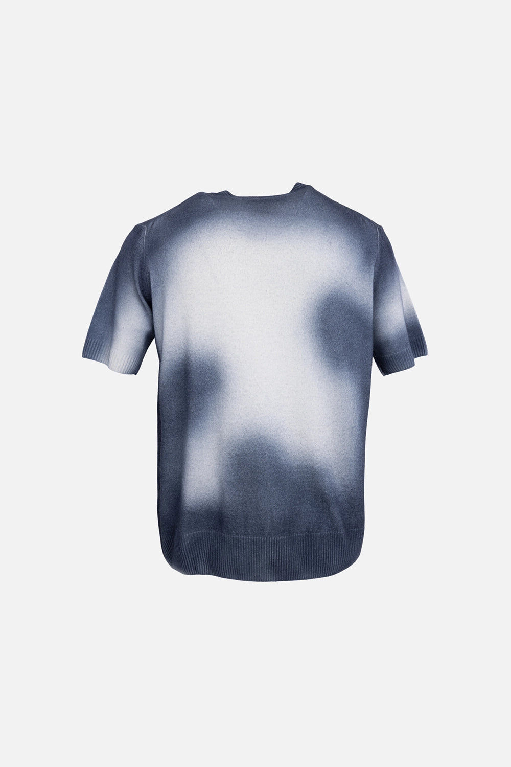 Vivienne Westwood men’s t-shirt in blue/white, back view, ombré spray finish with ribbed hem and cuffs