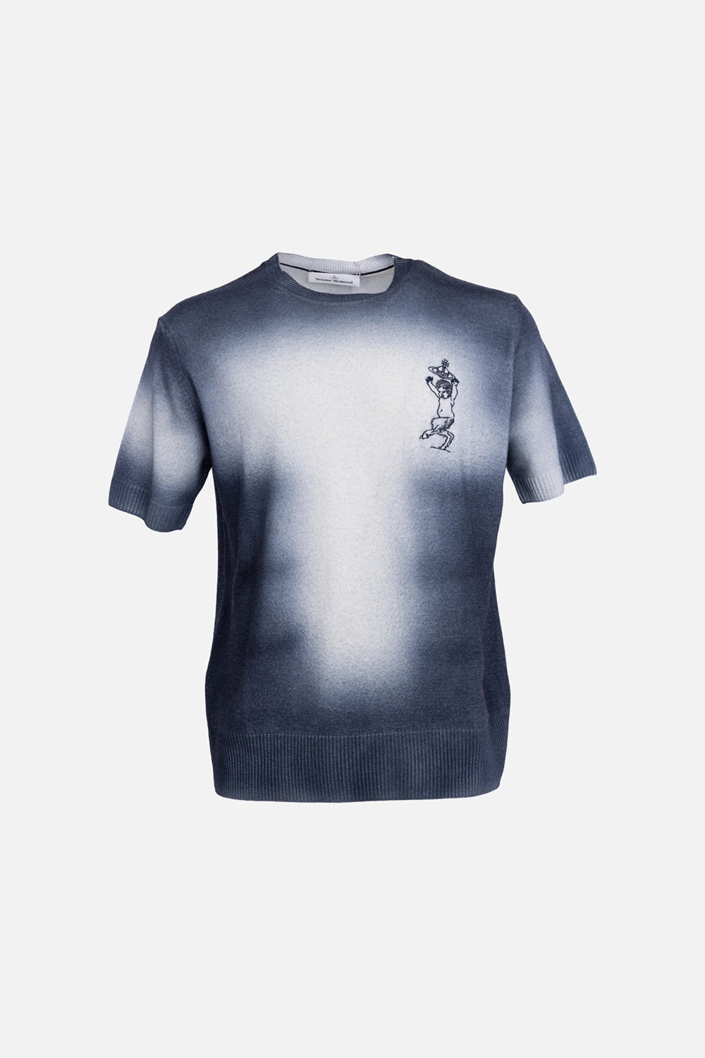 Vivienne Westwood men’s t-shirt in blue/white, front view, fine-gauge knit with satyr embroidery at chest
