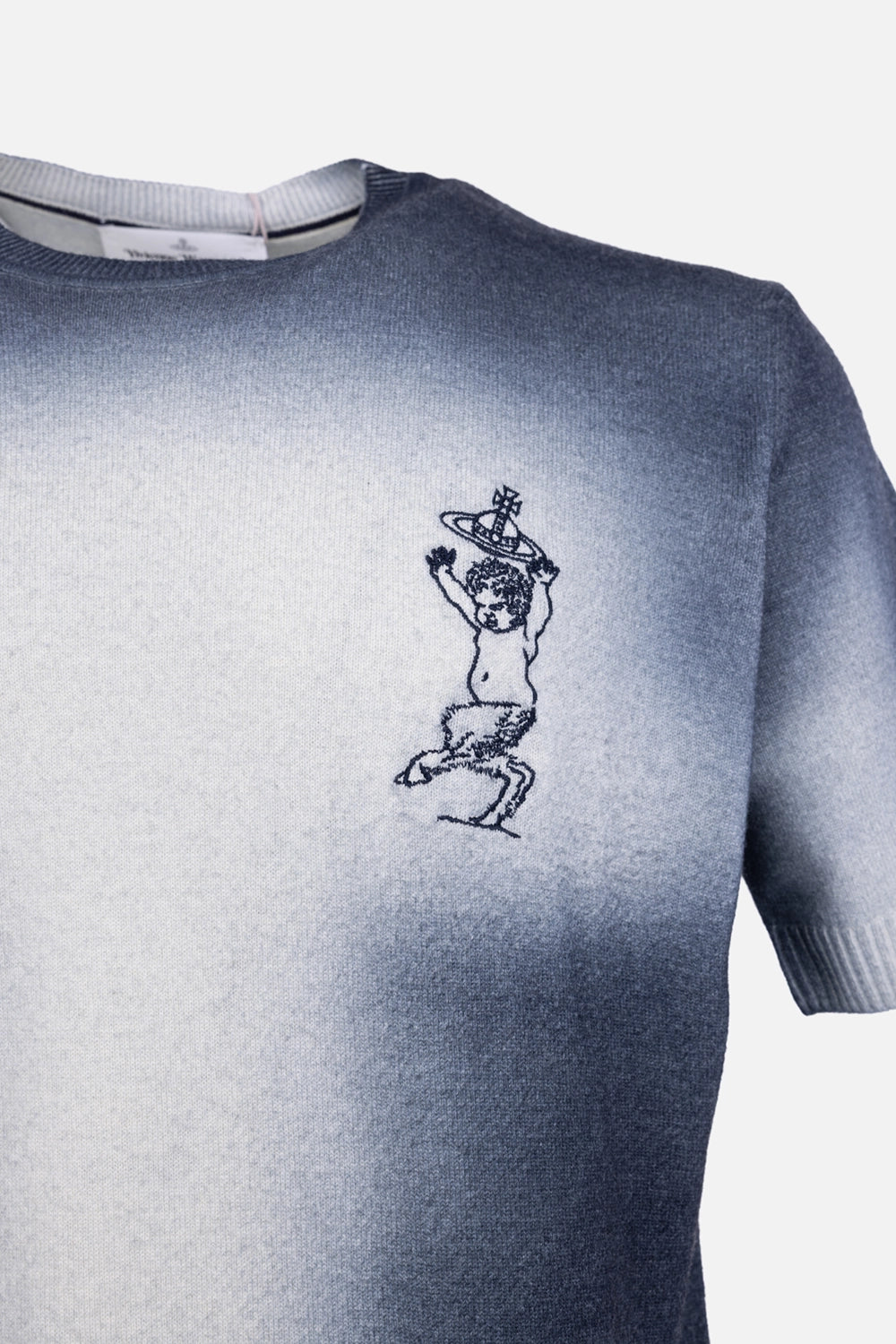 Vivienne Westwood men’s t-shirt in blue/white, logo detail, embroidered satyr motif on faded centre panel