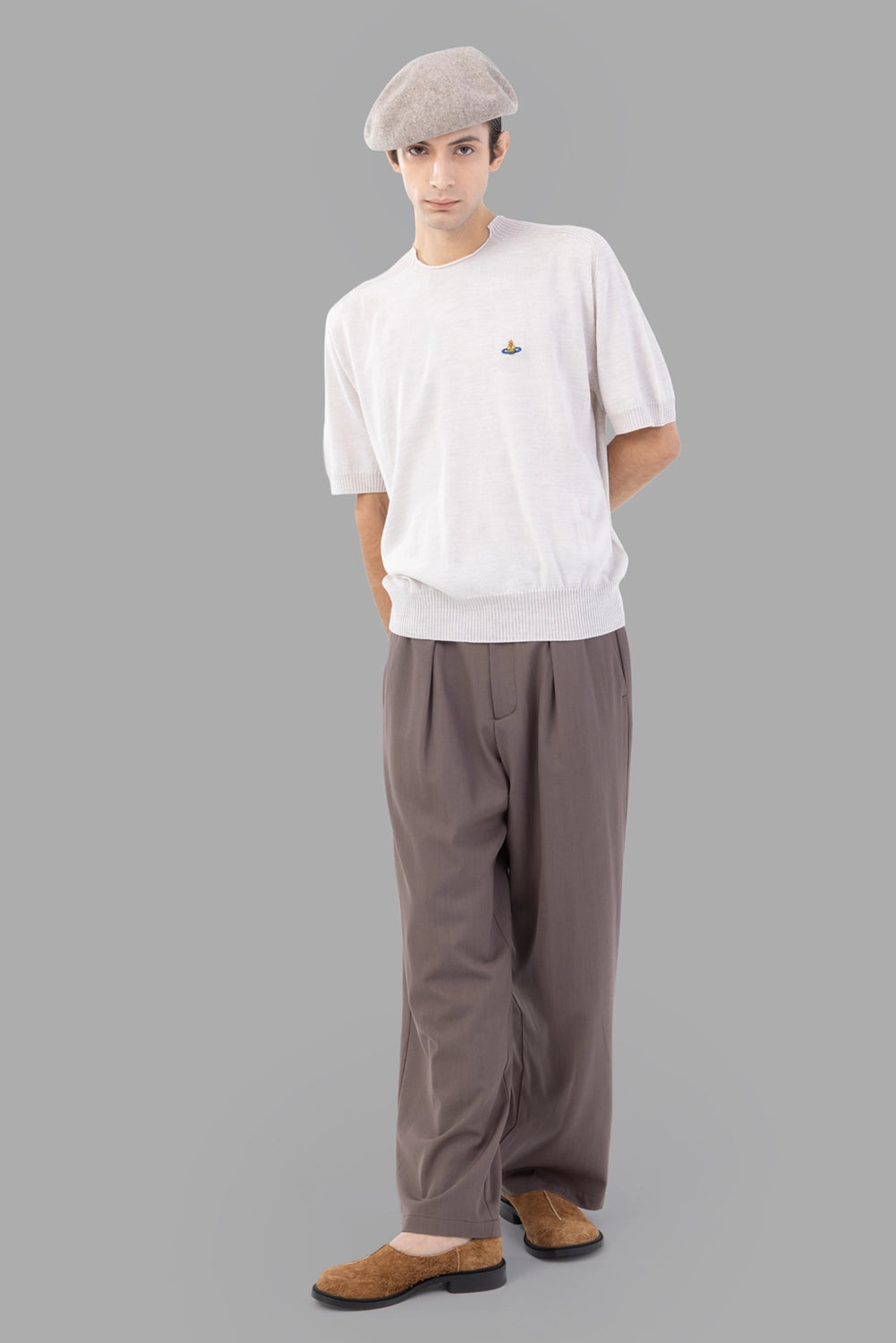 Vivienne Westwood t-shirt in Grey Melange, on-model full length, relaxed fit with ribbed hem